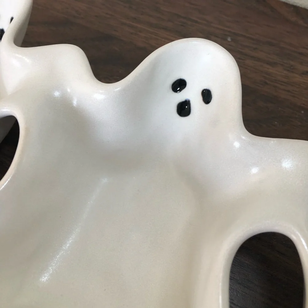 Pottery Barn Figural Ghost Stoneware Triple Condiment Server